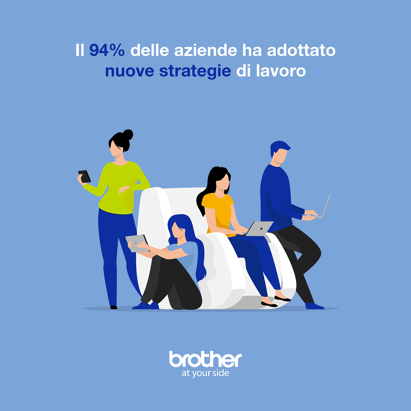 Illustrazione minimal che rappresenta 4 persone sedute e a fianco di un divano bianco. Hanno in mano dei dispositivi digitali, come computer e tablet. In alto la scritta "il 94% delle aziende ha adottato nuove strategie di lavoro"