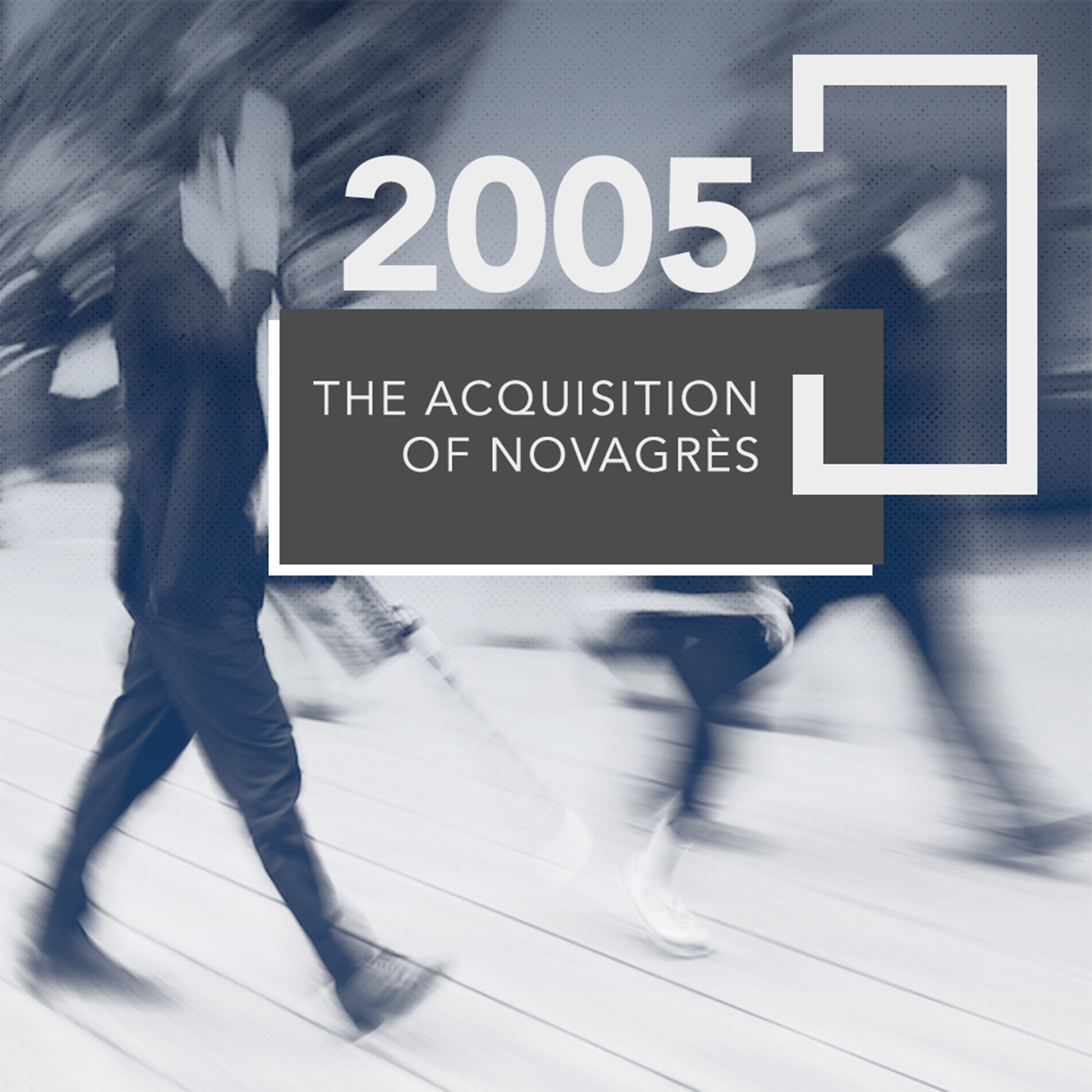 Grafica che mostra delle persone eleganti che camminano. Sopra la scritta "2005, the acquisition of novagrès"